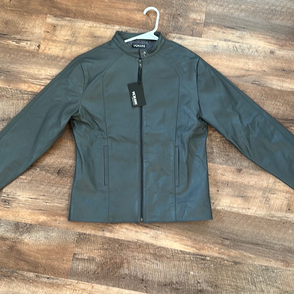 Grey men’s leather jacket from Zokare by Christopher Jozeph, size medium.